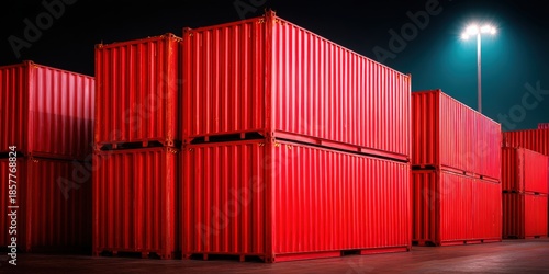 Red shipping containers stacked at night, illuminated by a nearby lamp, creating a striking industrial scene.