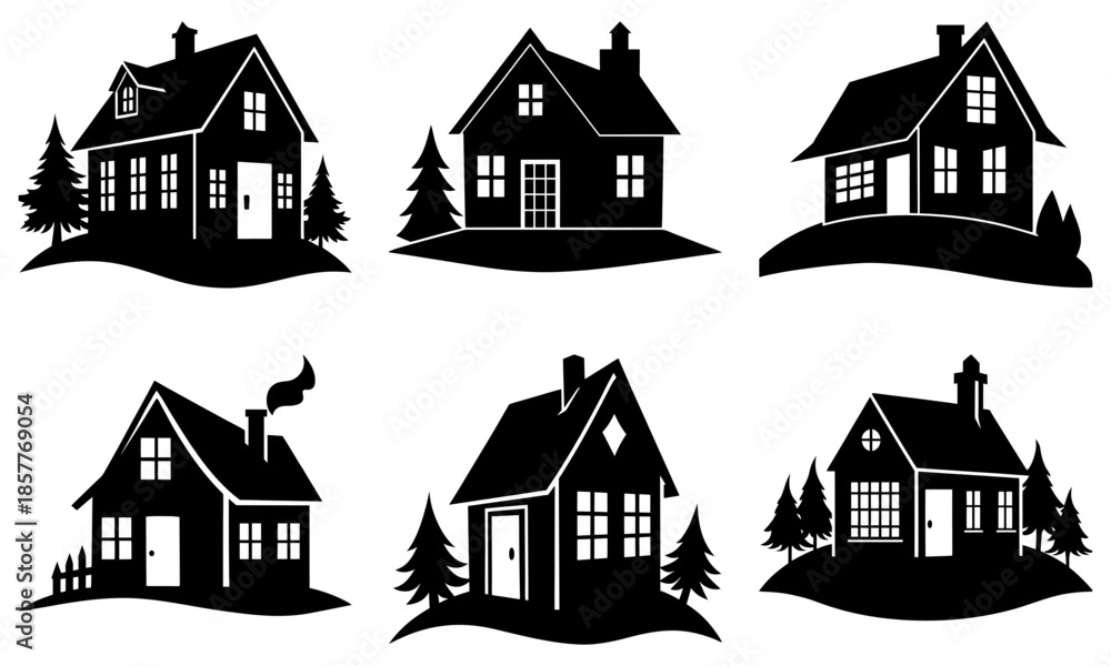 Fototapeta premium Six Black and White Silhouette Houses with Trees on Transparent Background