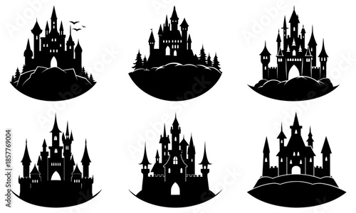 Six Black Silhouettes of Gothic Castles on White Background
