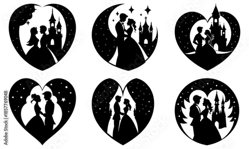 Romantic couple silhouette with castle and stars in heart-shaped frame on white background romance love