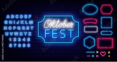 Oktoberfest neon label. Traditional Germany holiday. Geometric frames collection. Alcohol party. October beer event celebration. Bright greeting card. Shiny blue alphabet. Vector illustration