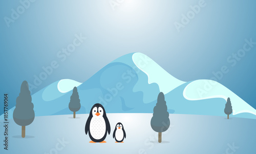 A charming and minimalist illustration of two penguins standing in a snowy landscape with stylized trees and a snow-capped mountain in the background under a bright sun