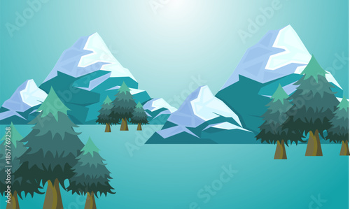 Serene winter landscape with snow-capped mountains and evergreen trees under a cool, bright sky, evoking a sense of tranquility and natural beauty