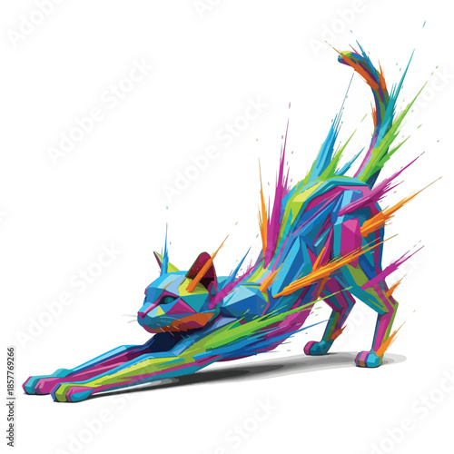 Vibrant polygonal cat stretching gracefully, a modern abstract illustration bursting with dynamic colors and geometric energy, showcasing feline elegance with a creative artistic splash