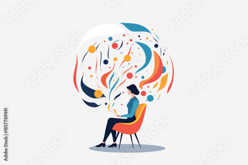 Silhouette of woman sitting in therapist’s chair facing spiritual figure, modern flat vector illustration symbolizing psychotherapy, deep conversation, soul healing, guidance and mental health support