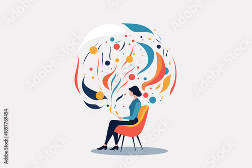 Silhouette of woman sitting in therapist’s chair facing spiritual figure, modern flat vector illustration symbolizing psychotherapy, deep conversation, soul healing, guidance and mental health support