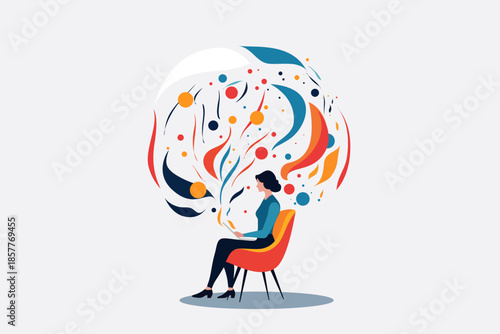 Silhouette of woman sitting in therapist’s chair facing spiritual figure, modern flat vector illustration symbolizing psychotherapy, deep conversation, soul healing, guidance and mental health support