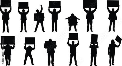 Crowd of Protest People Silhouettes Holding Blank Banners and Signs for Demonstration Revolution Strike and Political Activism Isolated on White Background
