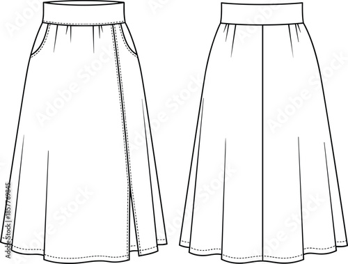 Fashion Technical Sketch of a Women's Midi A-Line Skirt Featuring High Waistband Side Pockets and Front Slit Detail for Design Mockup