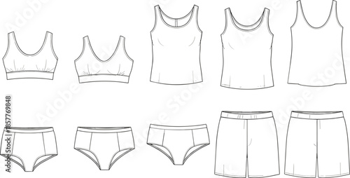 Fashion Technical Sketch of Women Lingerie and Innerwear Collection Featuring Sports Bras Racerback Bralettes Camisole Tops Panties and Lounge Shorts Design