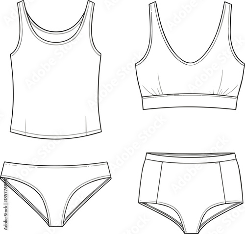 Fashion Technical Sketch of Women's Innerwear Set Featuring Camisole Top Sports Bra High Waisted Briefs and Basic Panties for Design Mockup