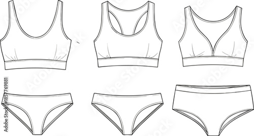 Fashion Technical Sketch of Women's Lingerie Collection Featuring Sports Bras Racerback Bralettes Low Rise Panties and High Waisted Briefs Design
