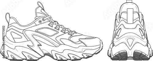 Modern Chunky Sneaker Technical Drawing Vector Illustration with Side and Back View Outlines for Fashion Design Footwear Template and Sports Lifestyle Apparel