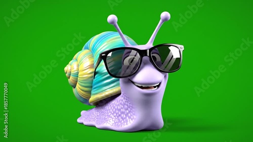 Smiling Cartoon Snail in Sunglasses, Vibrant 3D Character on Green Screen