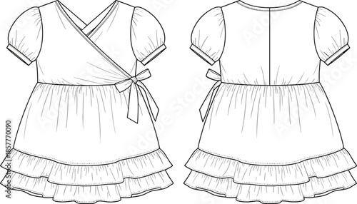 Girls dress front and back view technical fashion illustration, flat outline vector of children clothing design template isolated