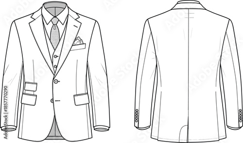 Men formal suit jacket technical fashion drawing, front and back view outline vector illustration for tailoring apparel design