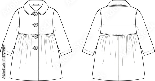 Girls winter coat technical fashion drawing, front and back view outline vector illustration for children outerwear apparel design