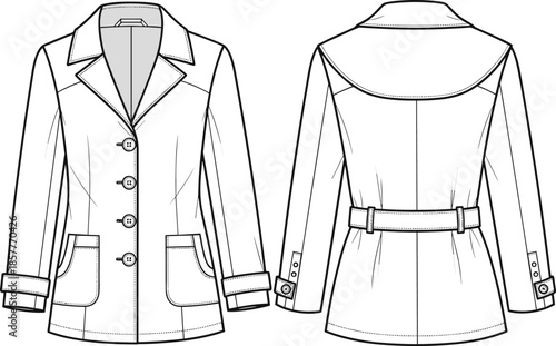 Women belted blazer technical fashion drawing, front and back view outline vector illustration for formal outerwear apparel design