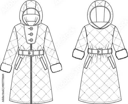 Women quilted hooded coat technical fashion drawing, front and back view outline vector illustration for winter outerwear design