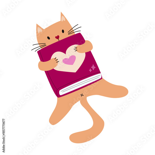 Orange cat holding a book with heart, sweet Valentine’s Day illustration for greeting card, poster, invitation
