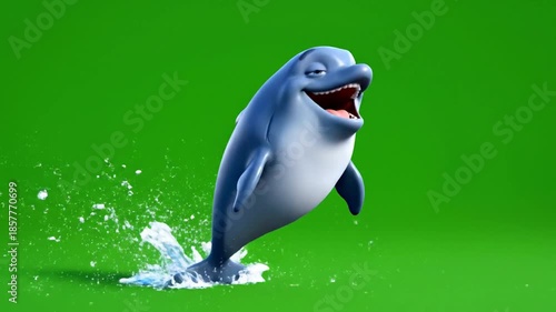 Joyful 3D Cartoon Dolphin Leaping from Water with Splashes on Green Screen
