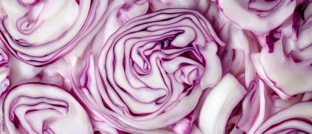Obraz premium Close-up of sliced red cabbage with intricate patterns and textures. The vibrant purple and white colors create a visually appealing composition.