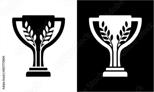 Trophy cup with laurel wreath black and white icons.