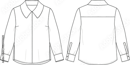 Girls long sleeve shirt vector, front back view, flat fashion technical drawing, cute childrens casual apparel illustration, isolated garment design