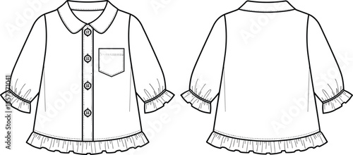 Girls short sleeve blouse vector, front back view, flat fashion technical drawing, cute childrens ruffle hem apparel illustration