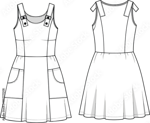Girls sleeveless pinafore dress vector, front back view, flat fashion technical drawing, cute childrens casual apparel illustration design
