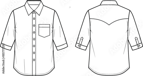 Girls three quarter sleeve shirt vector, front back view, flat fashion technical drawing, cute childrens casual apparel illustration design