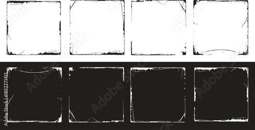 Grunge distressed frame set with rough rectangular borders in black and white. Worn paint textures create vintage poster and photo frame effects. Ideal overlays for backgrounds, prints, and modern 