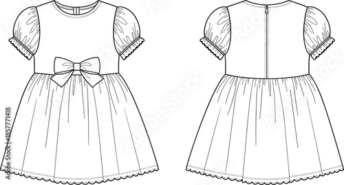 Girls puff sleeve dress vector, front back view, flat fashion technical drawing, cute bow detail childrens apparel illustration