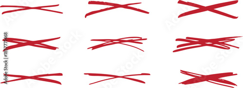 Red hand-drawn cross marks and strike-through lines in a sketchy marker style. Bold correction symbols ideal for editing, emphasis, rejection, or annotation graphics. Perfect for notes, posters,