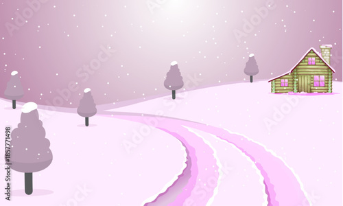 A tranquil pink winter landscape illustration featuring a charming cabin, snow-covered trees, and a winding path, evoking a serene season