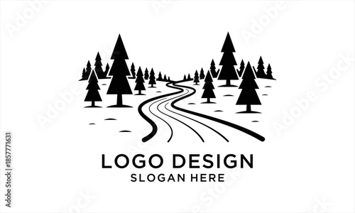 Winding Road Through Pine Forest Landscape Logo Design.