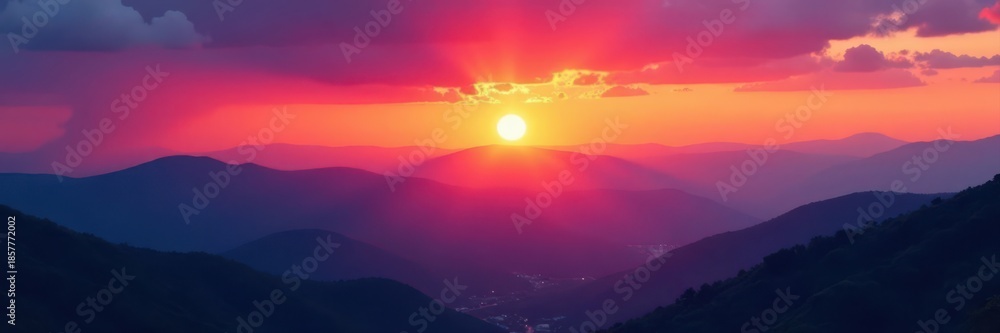 Fototapeta premium Vibrant sunset illuminates multiple hill layers, creating a dramatic scene , environment, elevations, evening