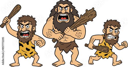 Cartoon cavemen with clubs, aggressive expressions, primitive warriors, prehistoric characters, battle-ready pose, flat vector illustration