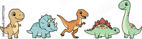Cartoon dinosaurs collection, T-Rex, Triceratops, Velociraptor, Stegosaurus, Brachiosaurus, cute prehistoric animals, flat vector illustration