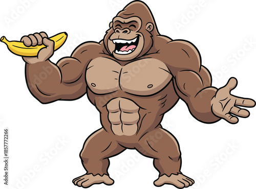 Cartoon muscular gorilla with banana, smiling strong animal character, anthropomorphic pose, humorous jungle icon, flat vector illustration
