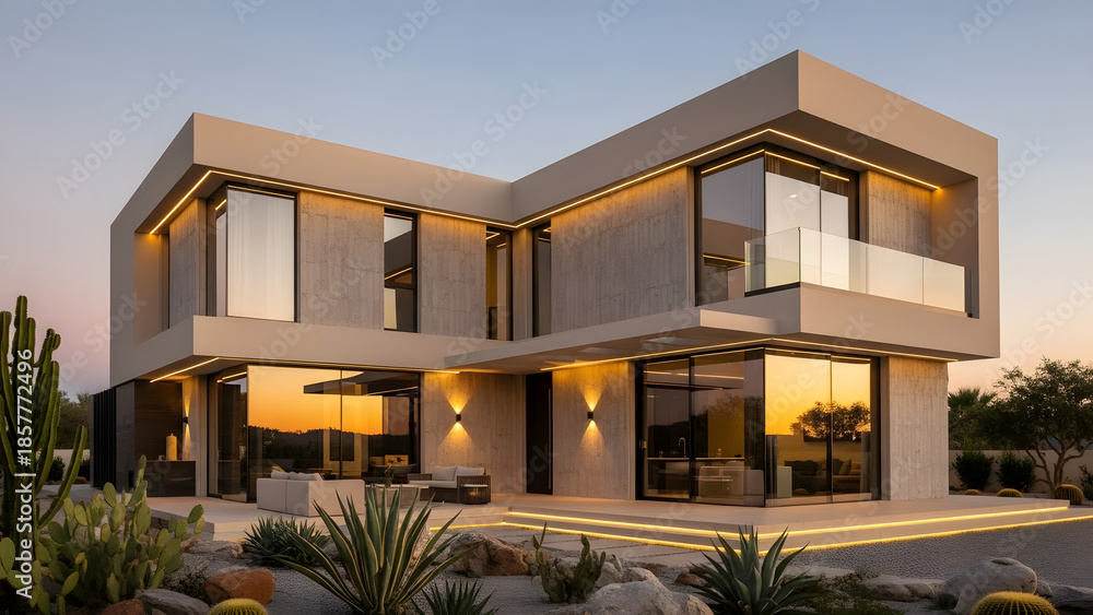 Fototapeta premium Modern luxury two-story villa at sunset with desert landscaping