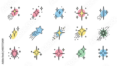 Sparkling Celestial Collection: A vibrant assortment of sparkling stars and celestial elements, each unique in design, twinkling and radiating with joy and excitement. 