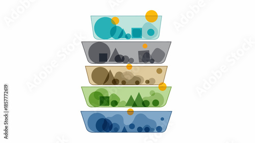 Layered illustration of abstract shapes and objects in a stacked composition