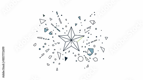 Geometric star surrounded by various shapes and symbols in a circular pattern on a white background