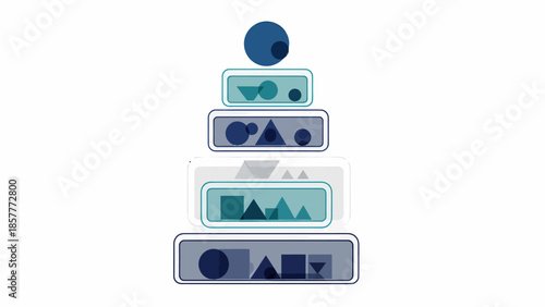 Geometric shapes forming a layered pyramid structure with abstract illustrations and digital graphics