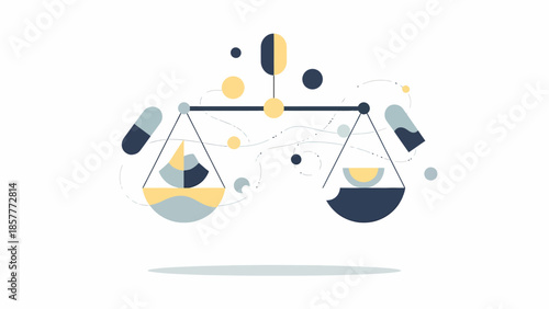 Balanced Scales with Pills and Capsules in Equilibrium, Representing Health and Medicine, on a White Background, Illustrated Vector Graphic
