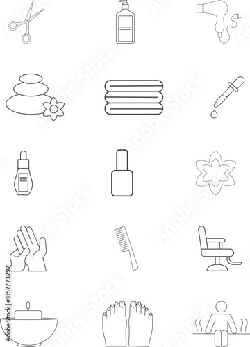 Spa, beauty salon, and personal care line icons set including scissors, shampoo bottle, hair dryer, stones, towels, serum dropper, nail polish, gloves, comb, salon chair, soap, feet care, and steam ba