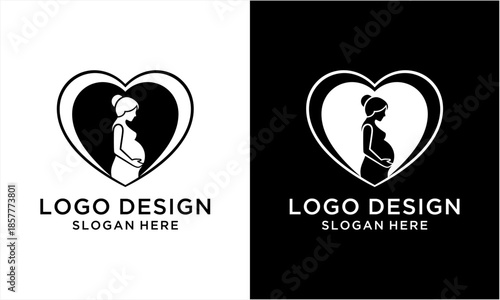 Pregnant woman in heart shape logo design for maternity care.