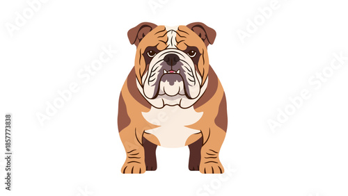 Illustration of a brindle and white English Bulldog with a stern expression on a white background