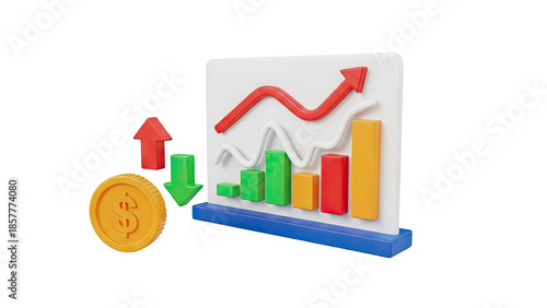 3D Financial Graph with Coin and Arrows on transparent background
